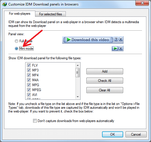 Select mini mode for IDM video download panel